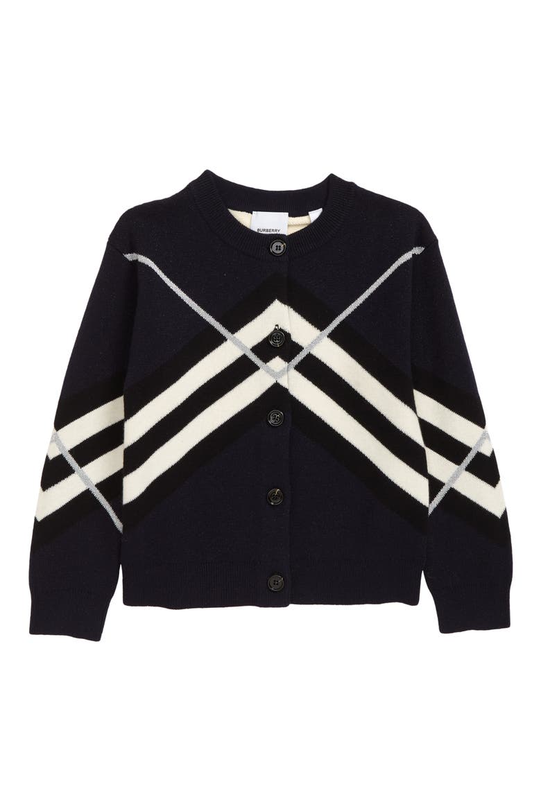 Kids' Chevron Stripe Cotton & Cashmere Blend Cardigan, Main, color, DARK CHARCOAL BLUE