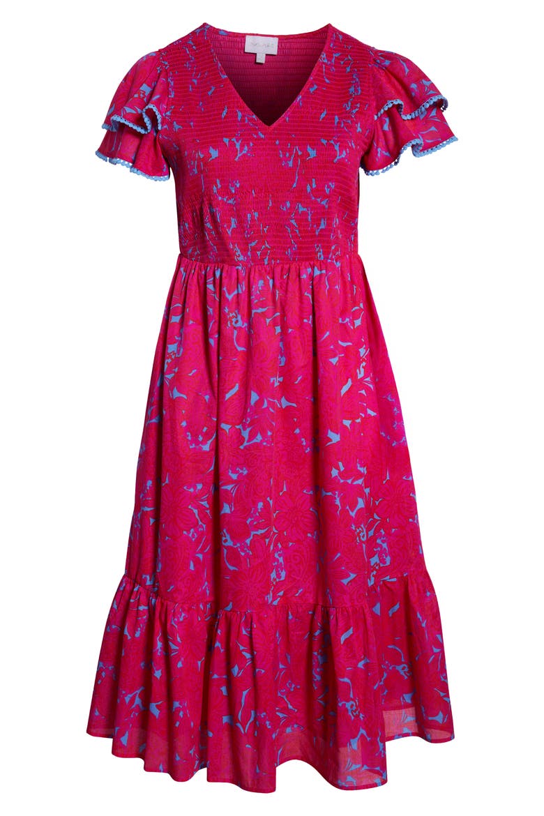 Delina Floral Smock Bodice Cotton Dress, Alternate, color, PINK/ BLUE