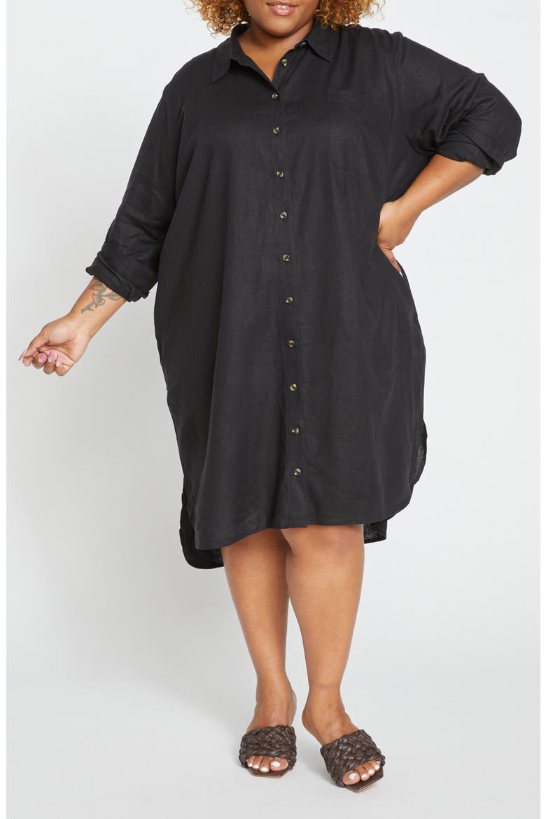 Seaside Long Sleeve Linen Blend Shirtdress, Main, color, BLACK