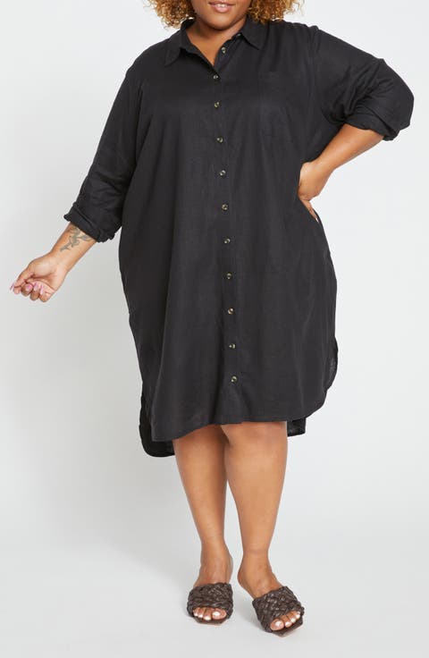 Seaside Long Sleeve Linen Blend Shirtdress (Plus)