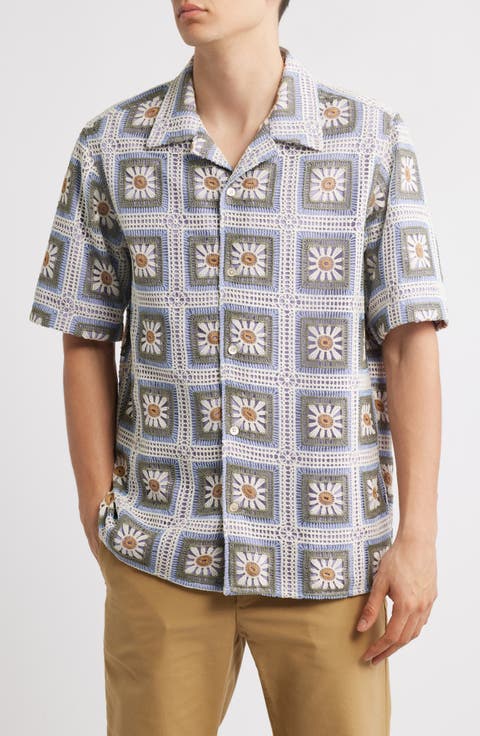 Julio Crochet Cotton Short Sleeve Button-Up Camp Shirt