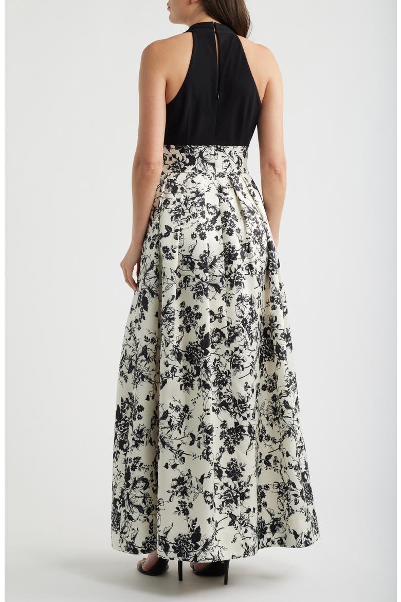 Print Pleated Sleeveless Gown, Alternate, color, BLACK MULTI