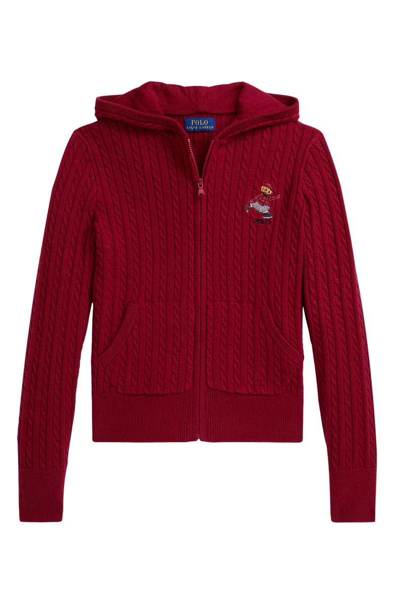 Polo Ralph Lauren Kids' Bear Cable Knit Quarter Zip Hoodie, Main, color, Holiday Red/ Bear Emb