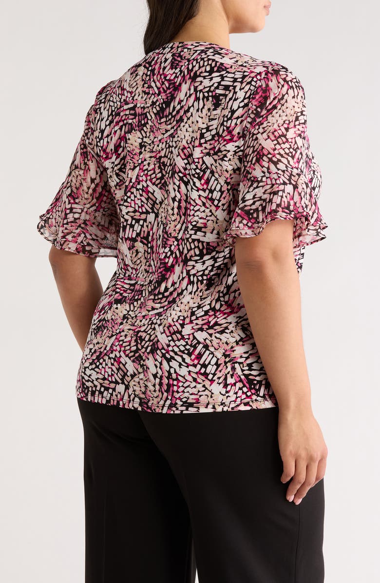 AK ANNE KLEIN Abstract Print Ruffle Elbow Sleeve Top, Alternate, color, Pink Berry Multi
