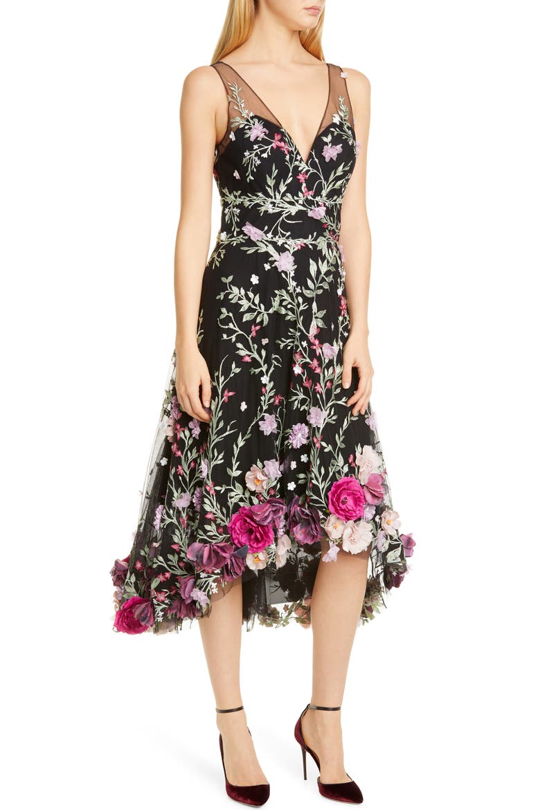 Floral Appliqué High/Low Cocktail Dress, Alternate, color, BLACK