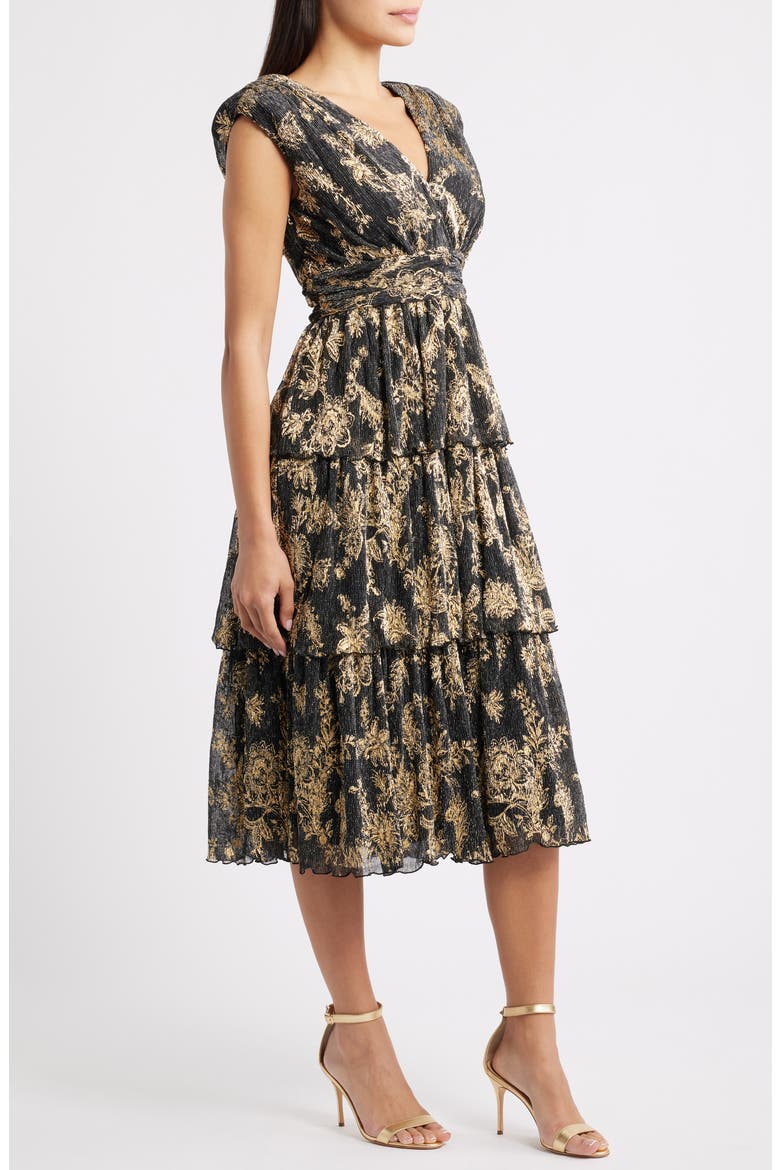 Metallic Crinkle Midi Dress, Alternate, color, BLACK/ GOLD