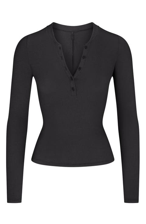 Cotton Rib Scoop Neck Henley