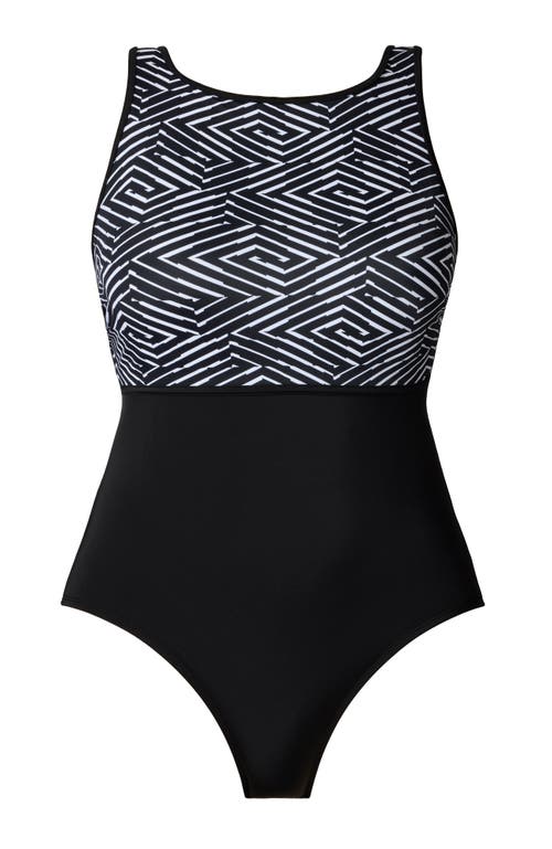 Shapesolver Sport Binded Highneck Tank Chlorine Resistant One-piece Swimsuit In Black