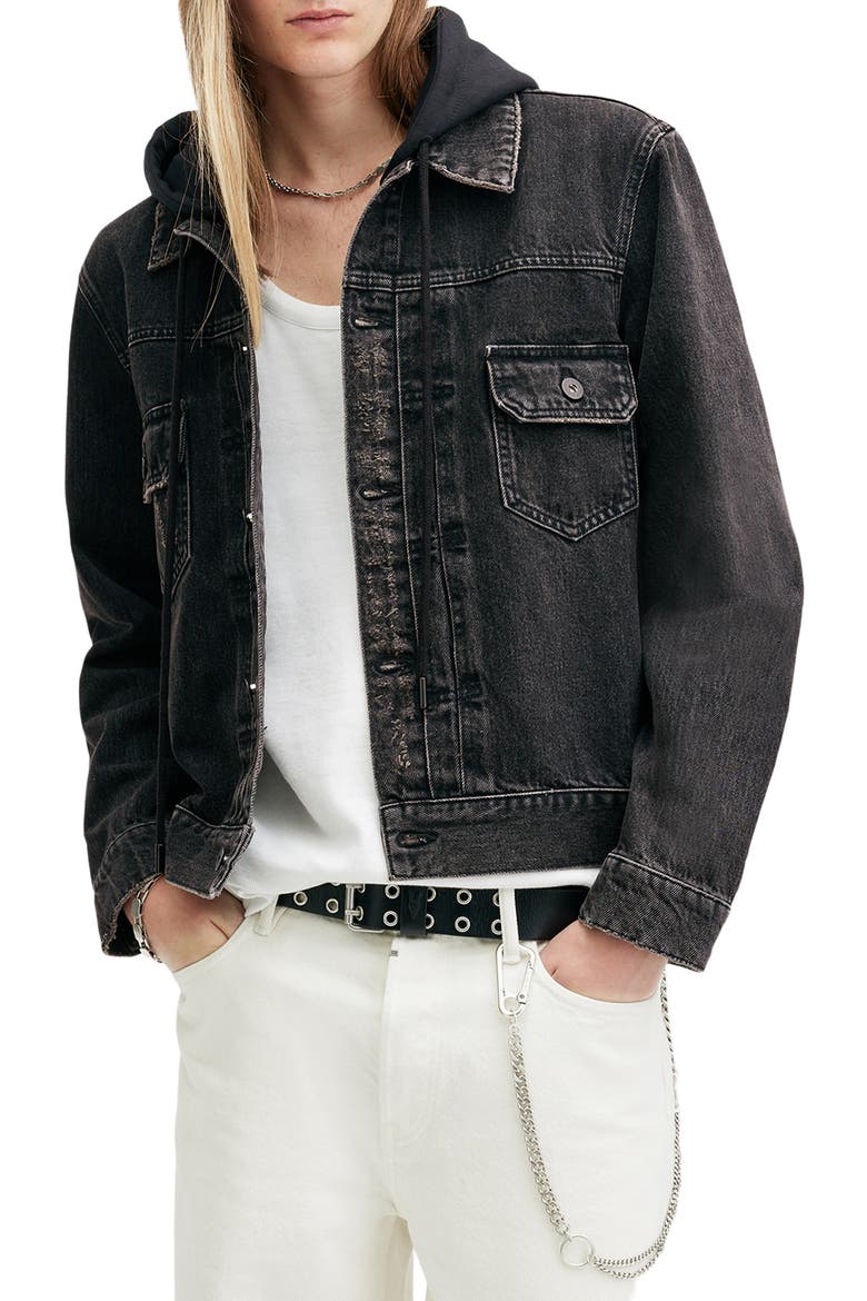 Spirit Denim Jacket with Removable Jersey Hood, Main, color, BLACK