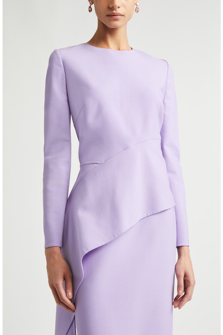 Asymmetric Drape Long Sleeve Stretch Crepe Dress, Alternate, color, PANSY