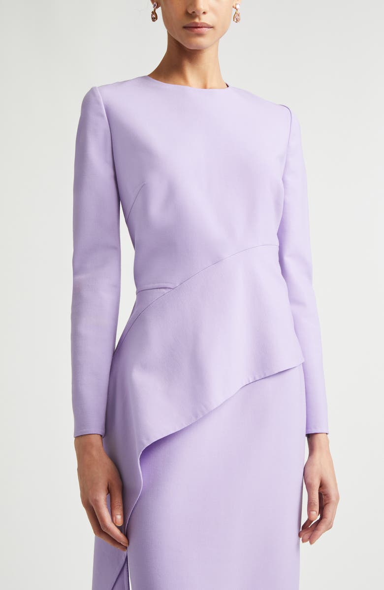 Oscar de la Renta Asymmetric Drape Long Sleeve Stretch Crepe Dress, Alternate, color, Pansy