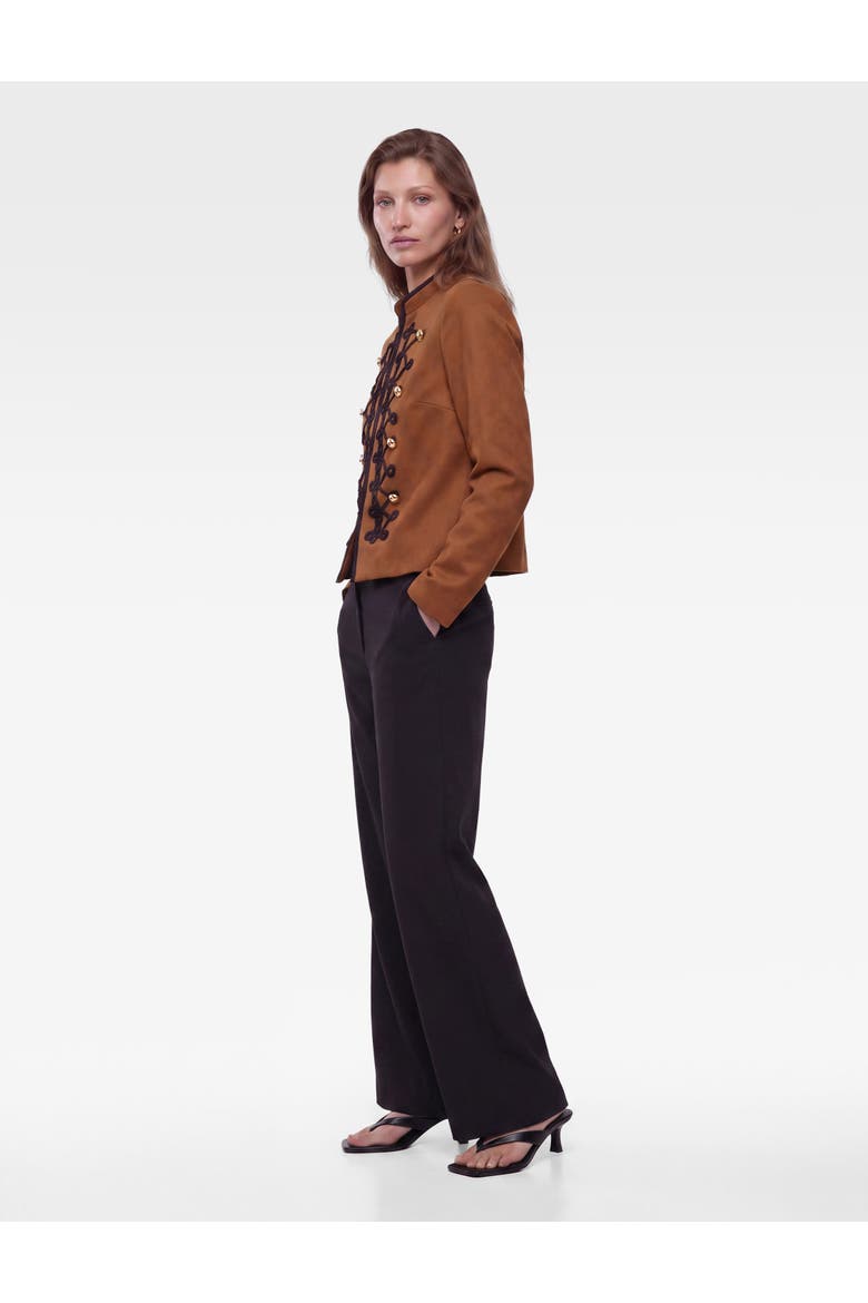 Linen Blend Mandarin Collar Napoleon Jacket with Decorative Braided Trim, Alternate, color, BROWN