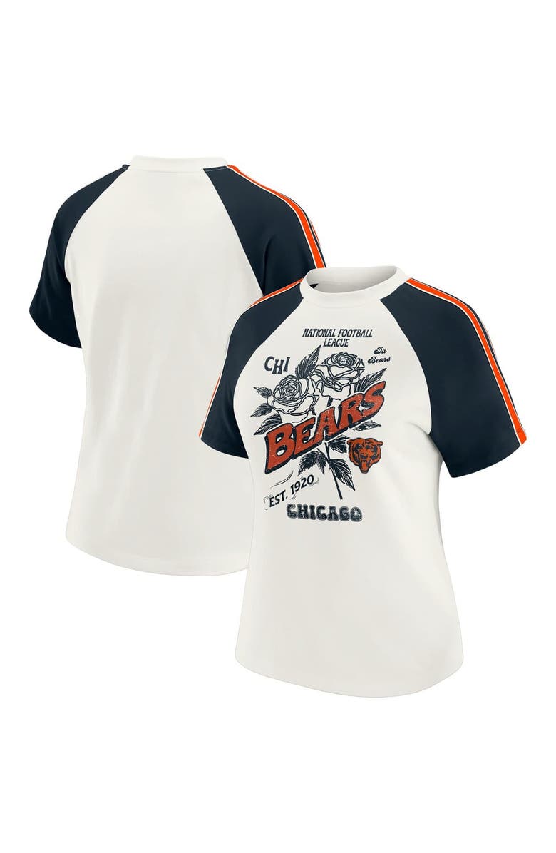 WEAR by Erin Andrews Women's WEAR by Erin Andrews White Chicago Bears Sleeve Stripe Distressed Raglan T-Shirt, Main, color, White