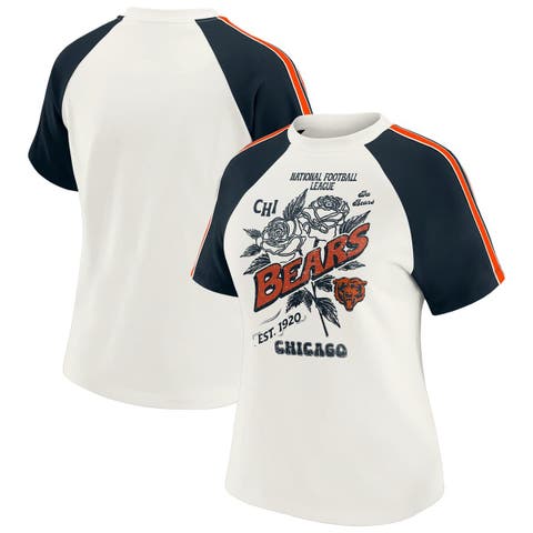 Women's WEAR by Erin Andrews White Chicago Bears Sleeve Stripe Distressed Raglan T-Shirt
