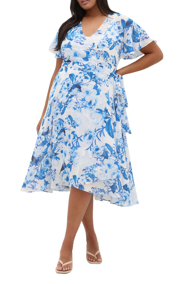 City Chic Floral Print Wrap Dress, Main, color, 