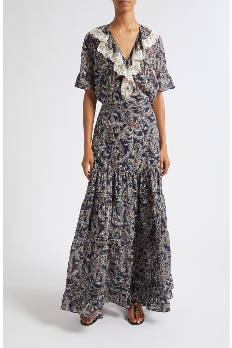 Heatheralyn Paisley Tiered Cotton Skirt, Alternate, color, NAVY MULTI