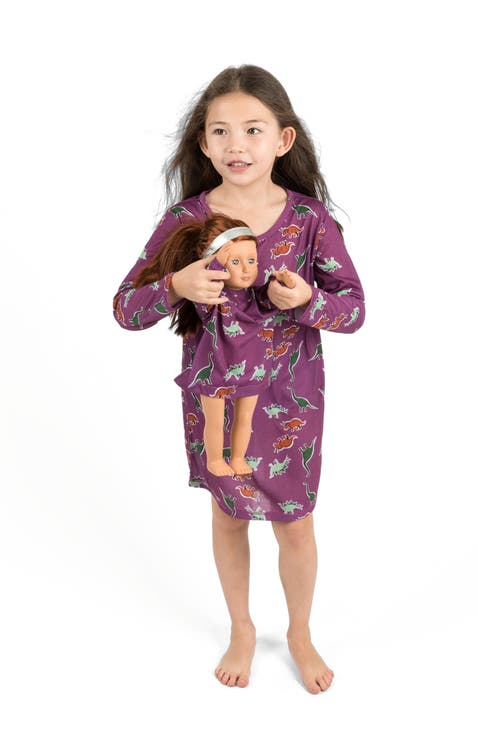 Girls Long Sleeve Nightgown with Matching Doll Nightgown, Printed Design