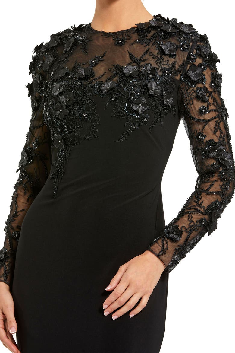Jersey Long Sleeve Fitted Gown With Floral Beading, Alternate, color, Black