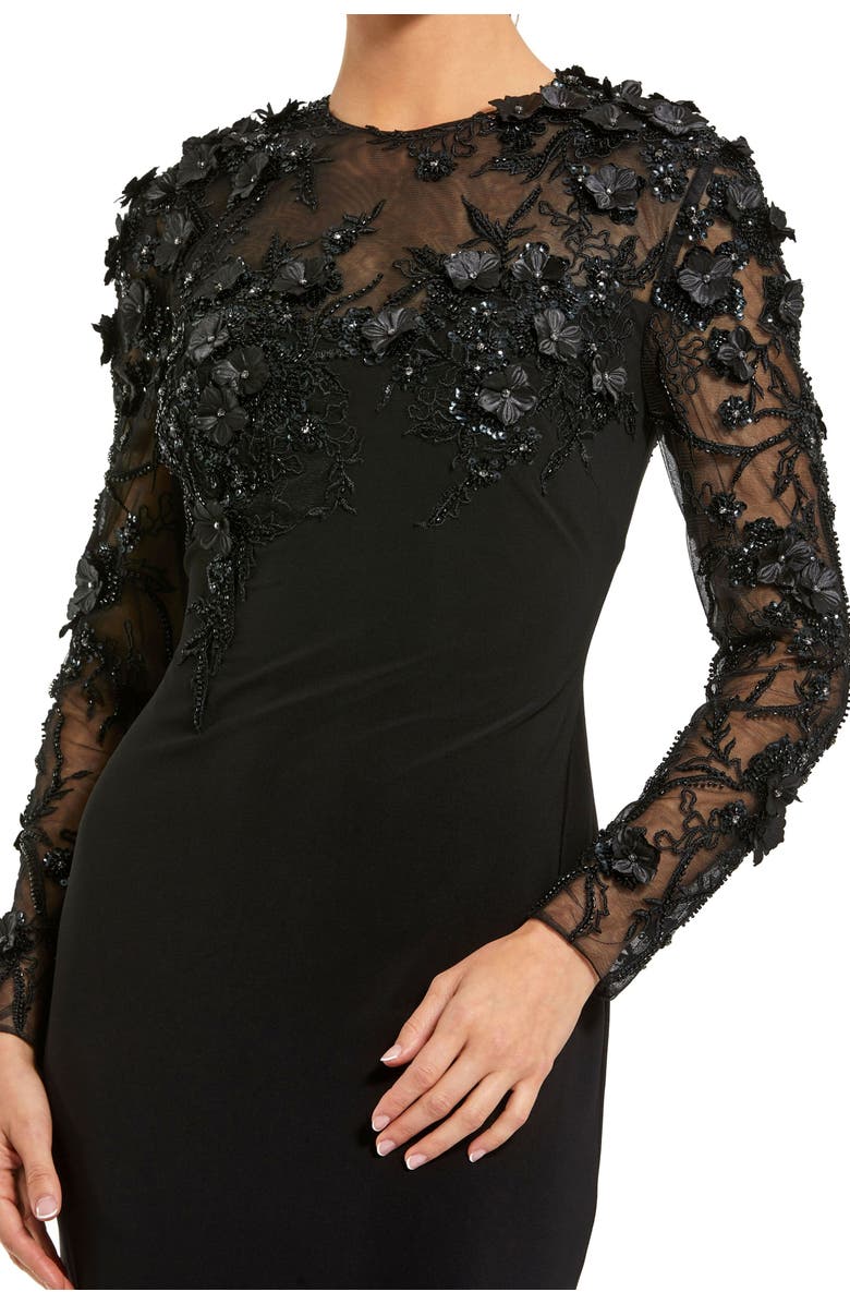 Mac Duggal Women's Jersey Long Sleeve Fitted Gown With Floral Beading, Alternate, color, Black