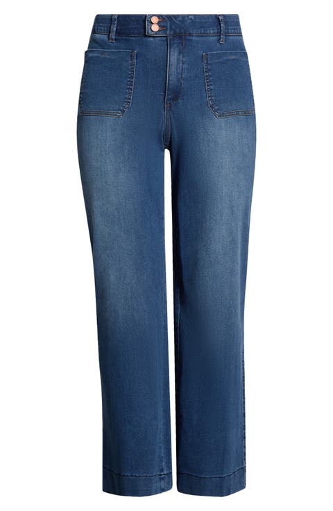 Patch Pocket High Waist Wide Leg Jeans (Plus)