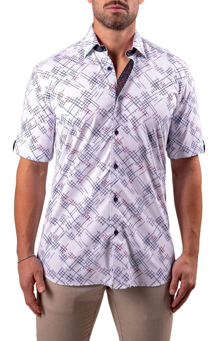 Maceoo Galileo Resistance Hatch Print Short Sleeve Button-Up Shirt, Main, color, 