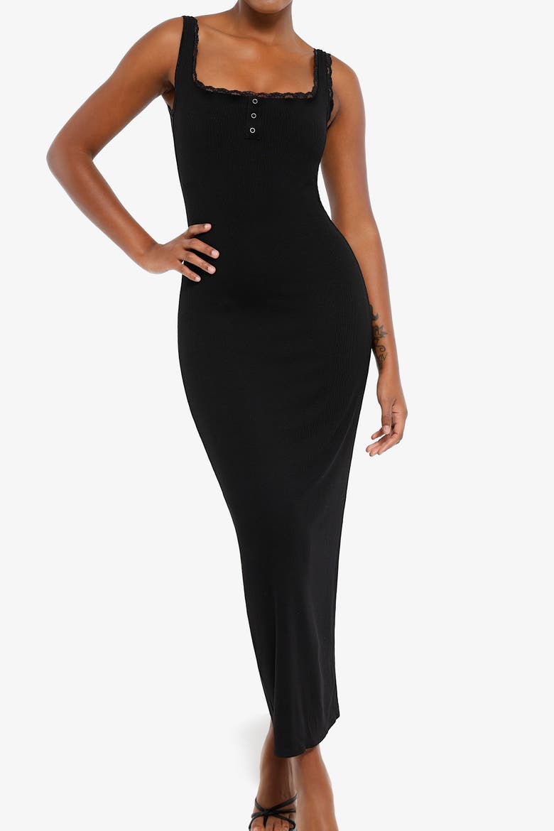 Shapewear Modal Slimming Lace Trim Henley Tank Maxi Spring Resort Dress, Alternate, color, Midnight Black