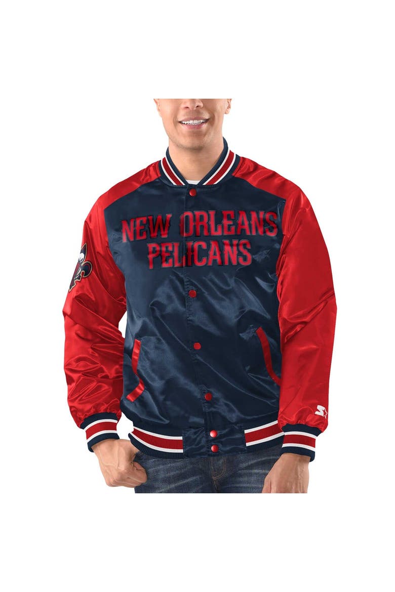 Men's Starter Navy/Red New Orleans Pelicans Renegade Satin Full-Snap Varsity Jacket, Alternate, color, Navy