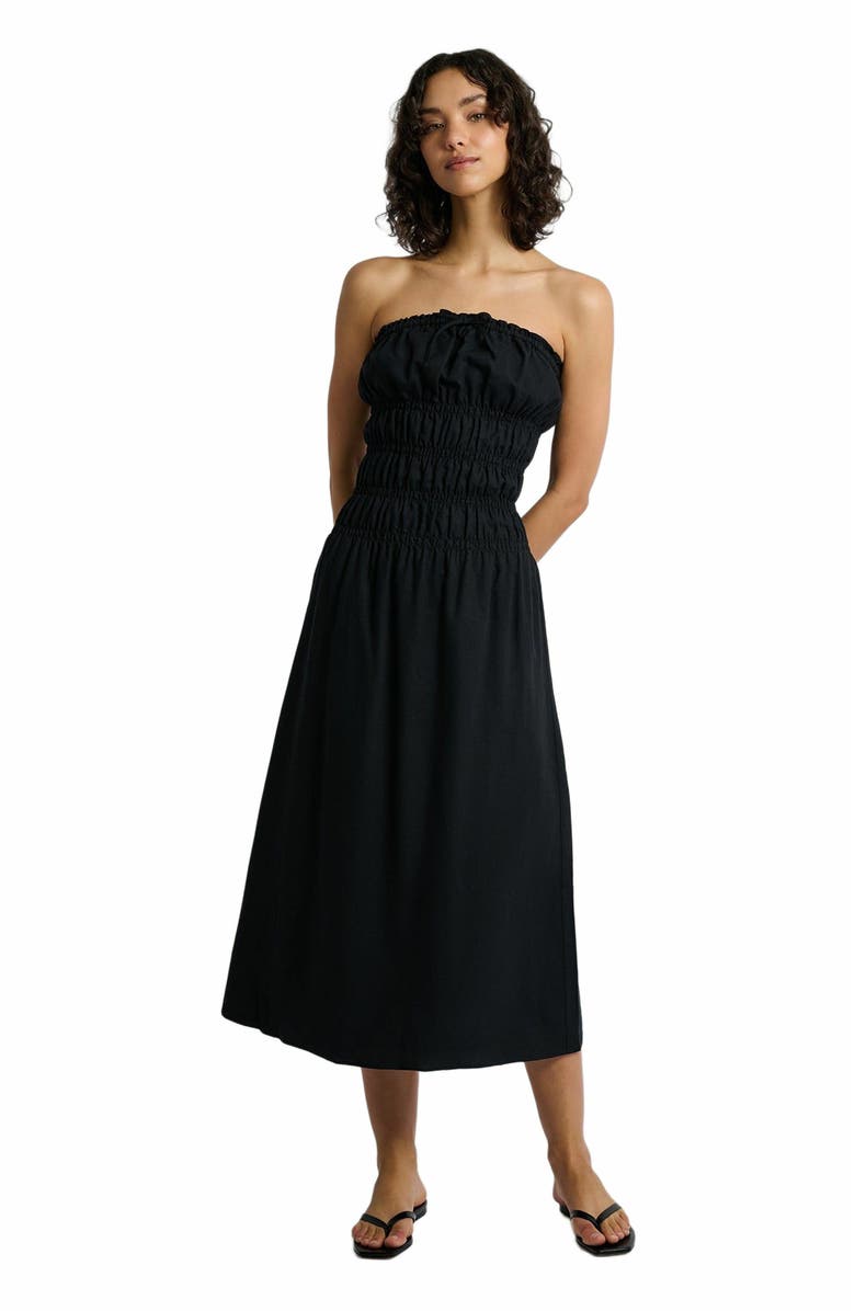 Onia Air Linen Smocked Maxi Dress, Alternate, color, Black
