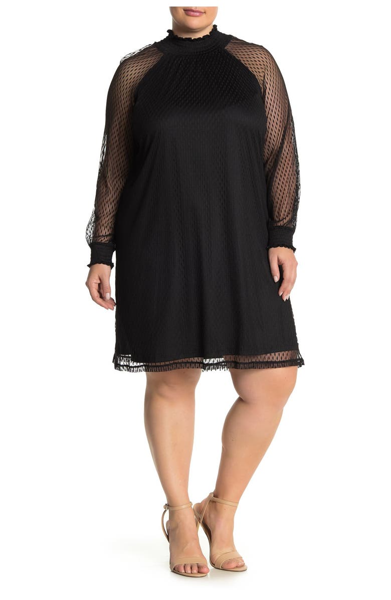 Nina Leonard Shirred Mock Neck Lace Trapeze Dress, Main, color,