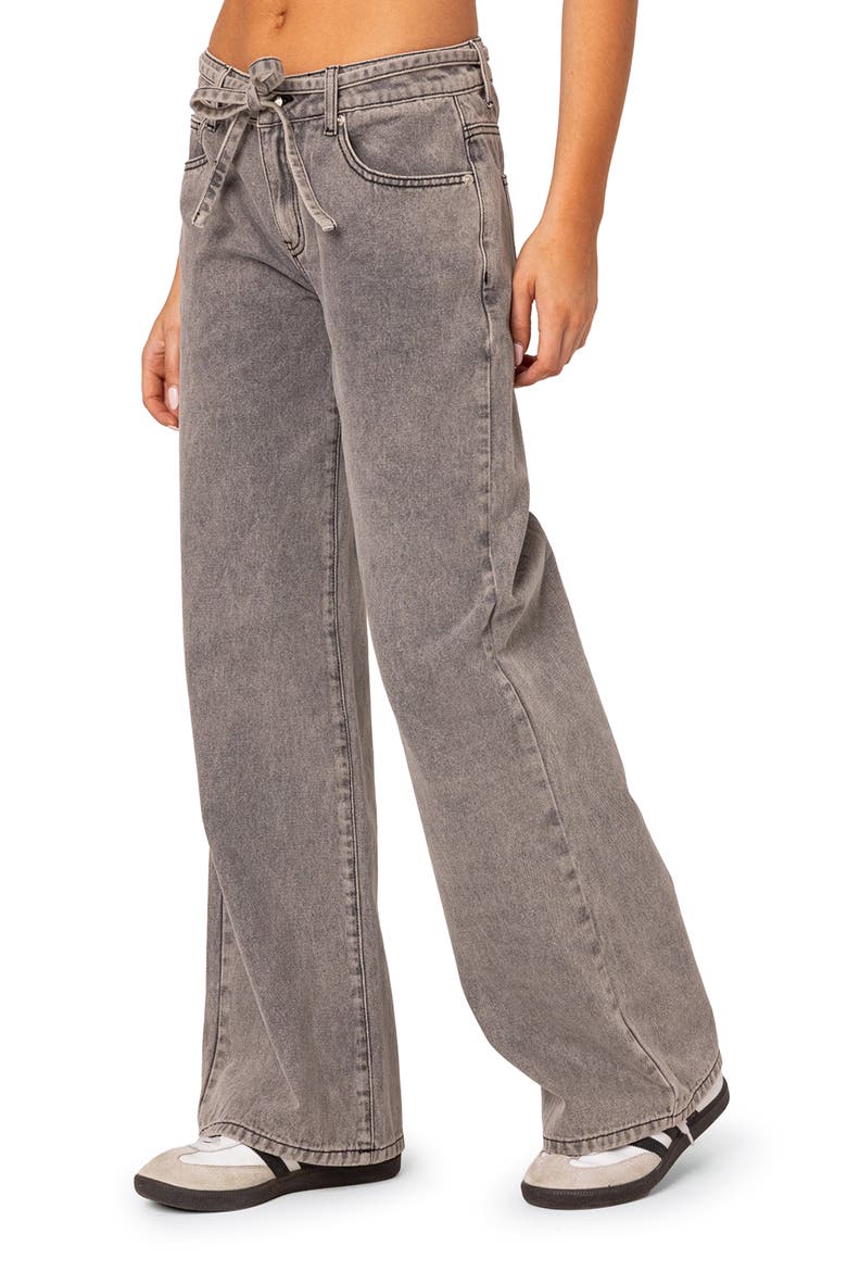 Tie Belt Low Rise Wide Leg Jeans, Alternate, color, LIGHT-GRAY