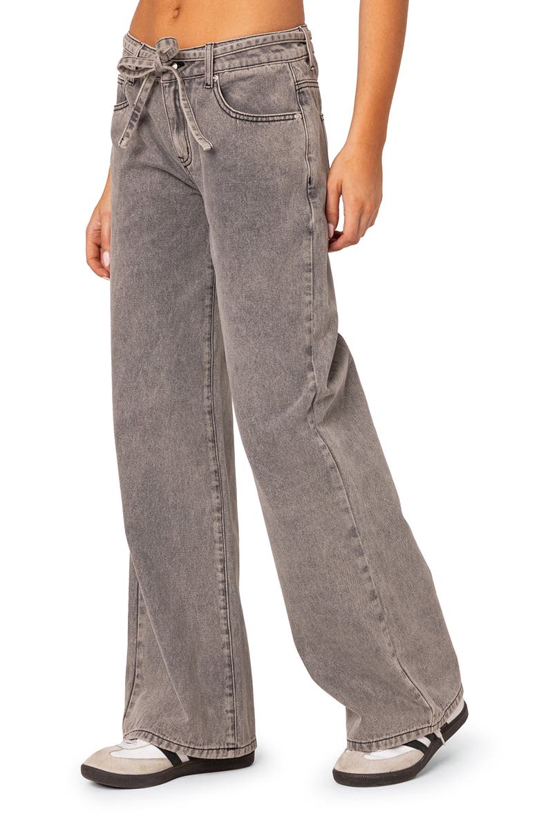 EDIKTED Tie Belt Low Rise Wide Leg Jeans, Alternate, color, Light-Gray