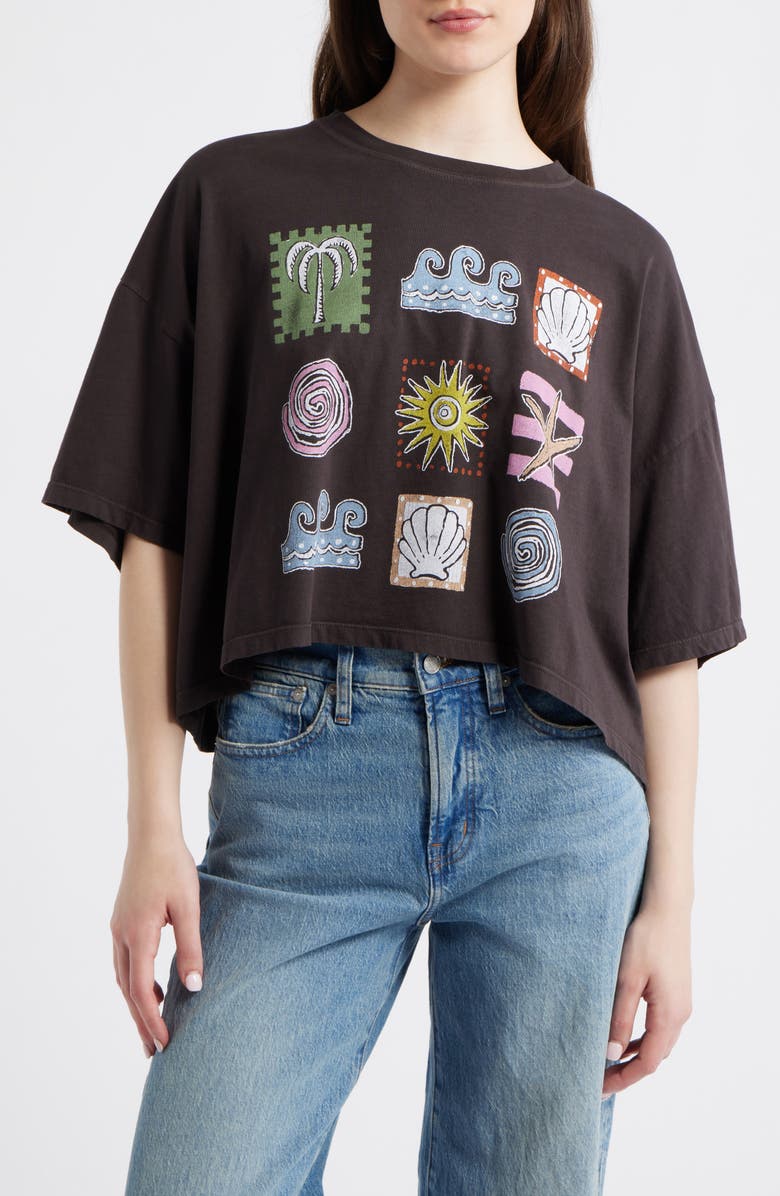 Daydreamer Seaside Doodle Grid Cropped Graphic Tee, Main, color, Reactive Black
