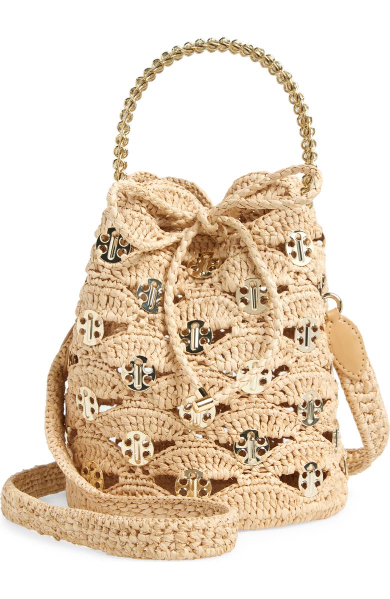 Rabanne Paco Wave Raffia Bucket Bag, Main, color, Natural / Light Gold