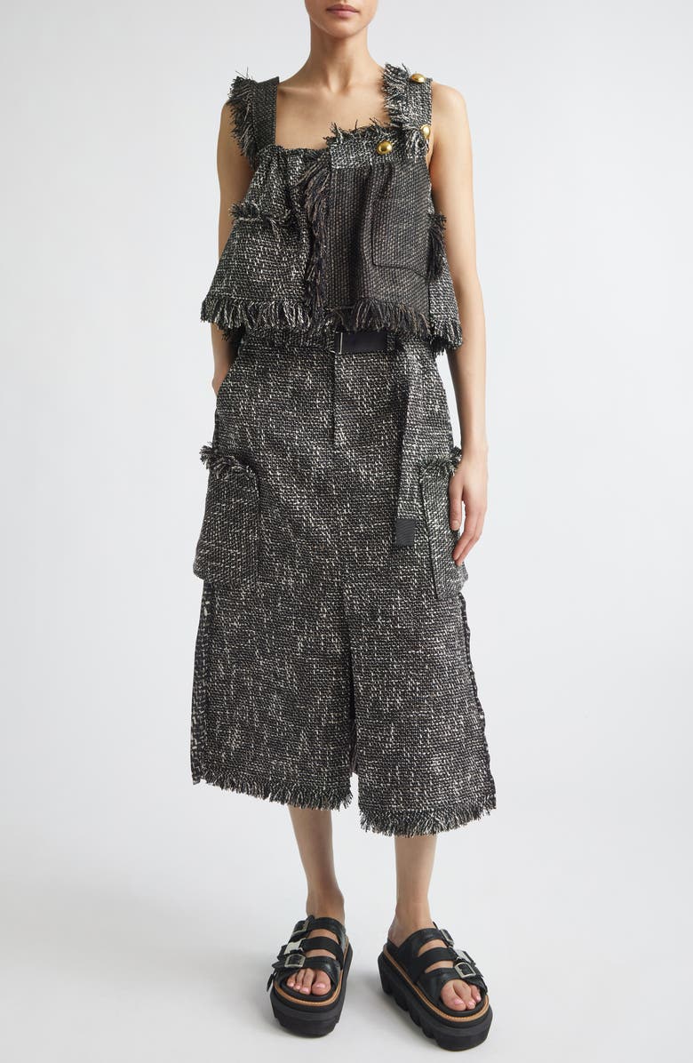 Sacai Crop Mixed Tweed Camisole, Alternate, color, Black