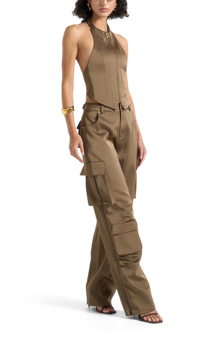 Emilie Satin High Waisted Cargo Pants, Alternate, color, Dark Olive