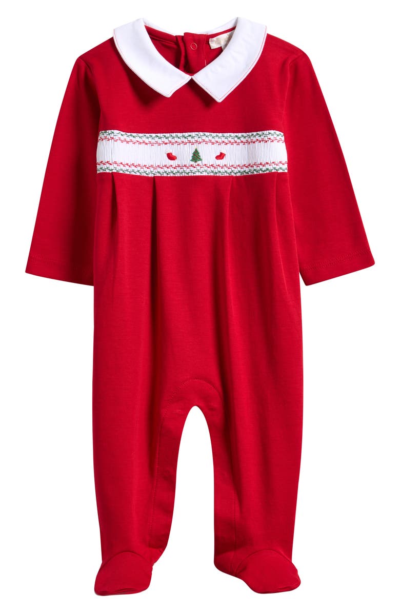 Kissy Kissy Christmas Embroidered Cotton Velveteen Footie, Main, color, Red