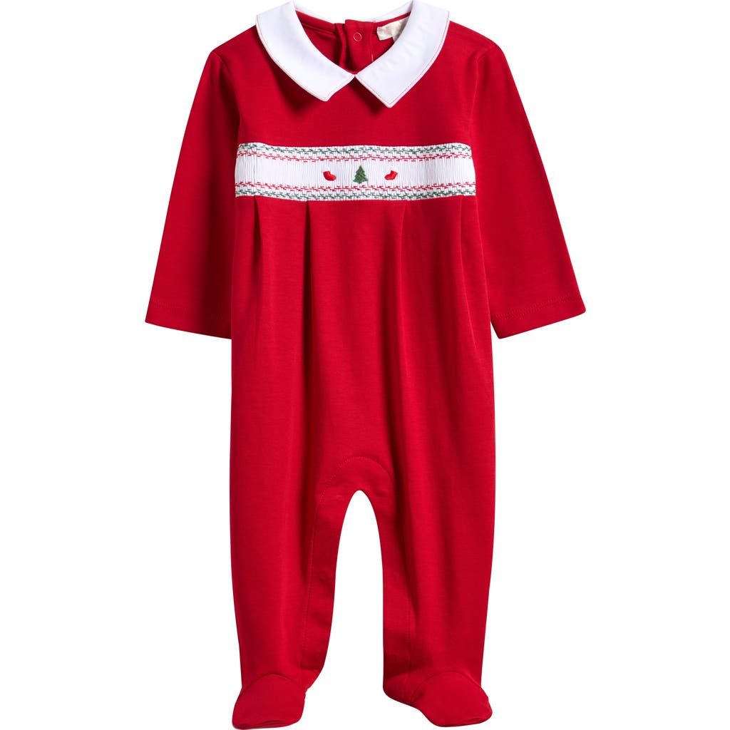 Kissy Kissy Christmas Embroidered Cotton Velveteen Footie In Red