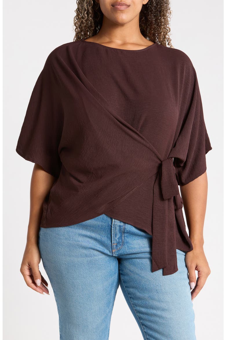 Side Tie Short Sleeve Top, Main, color, BROWN