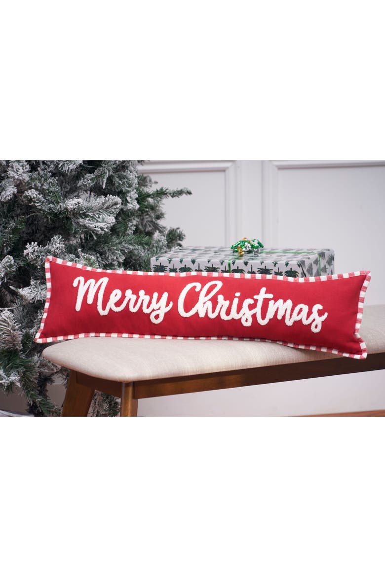 "Merry Christmas" Embellished Cotton Blend Long Accent Pillow 8" x 30", Alternate, color, Red