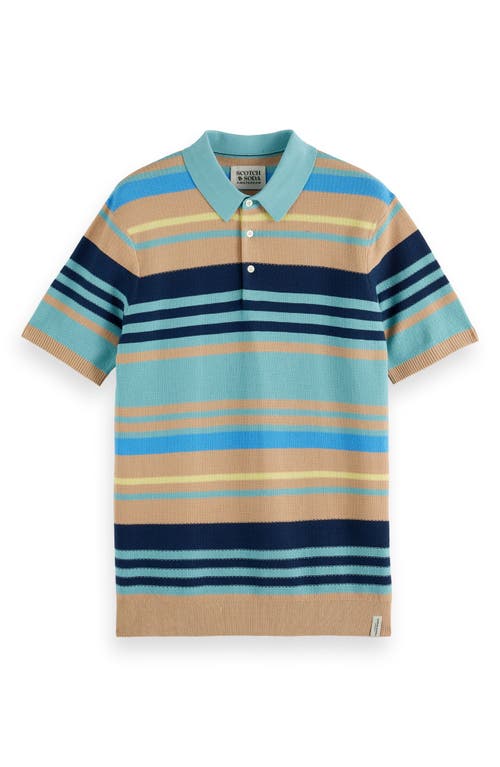 Scotch & Soda Stripe Textured Cotton Knit Polo In Soft Camel Multi Str