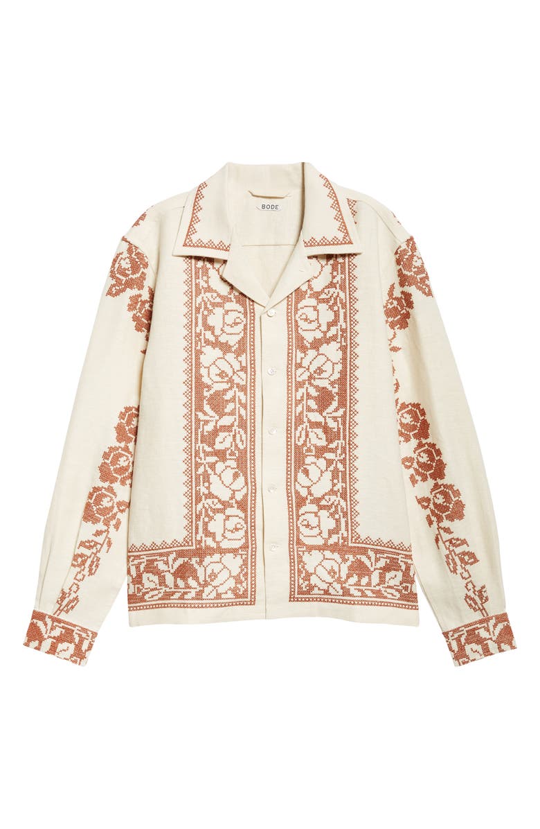 Bode Cross Stitch Rose Garland Linen Camp Shirt, Alternate, color, 