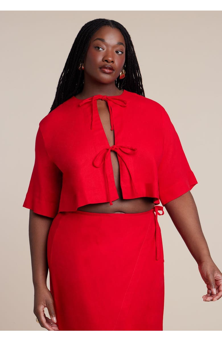 ELOQUII Relaxed Tie Front Linen Top, Main, color, Red