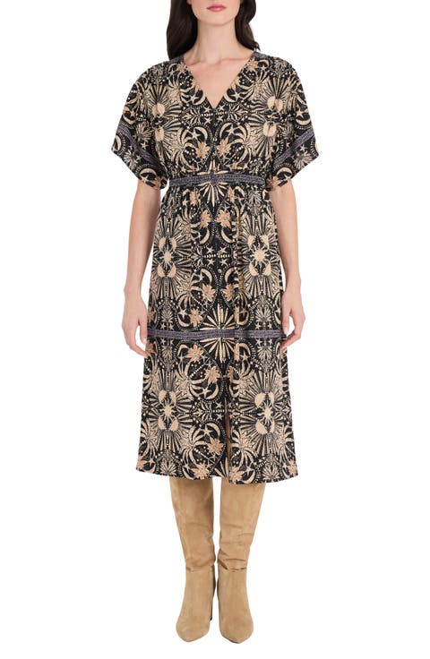 Floral Print Linen Blend Midi Dress