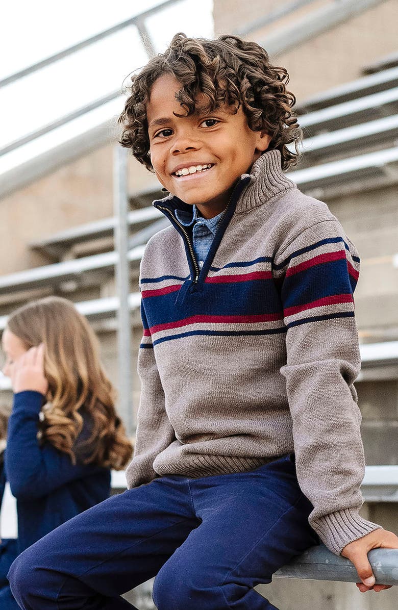 Hope & Henry Kids' Organic Long Sleeve Half Zip Sweater with Engineered Stripe, Alternate, color, Taupe Heather Chest Stripe