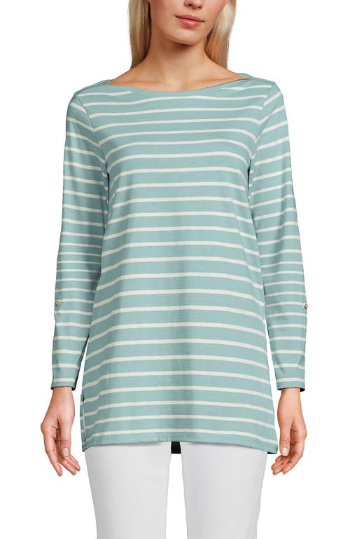 Lands' End Supima Cotton Adjustable 3/4 Sleeve Boatneck Tunic In Misty Aqua/ivory Breton Stripe