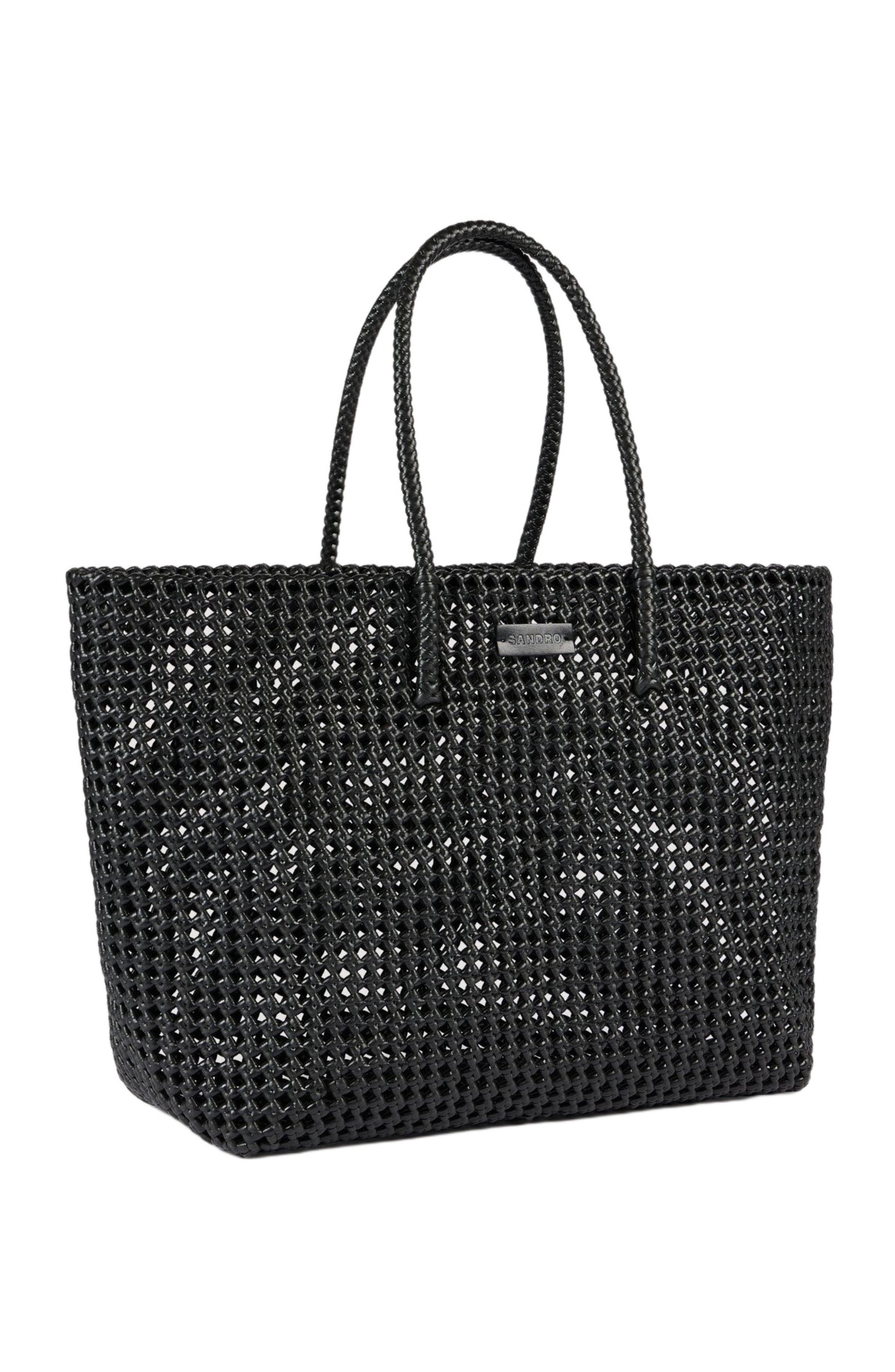 SANDRO Woven tote bag with patch, Alternate, color, Black