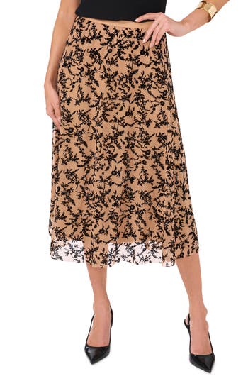 Vince Camuto Floral Flock Mesh Skirt In Rich Black