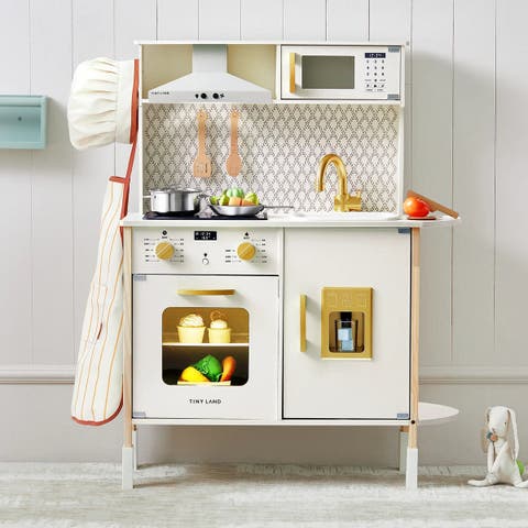 PopJoy Wooden Play Kitchen Set with Lights Sounds for Kids