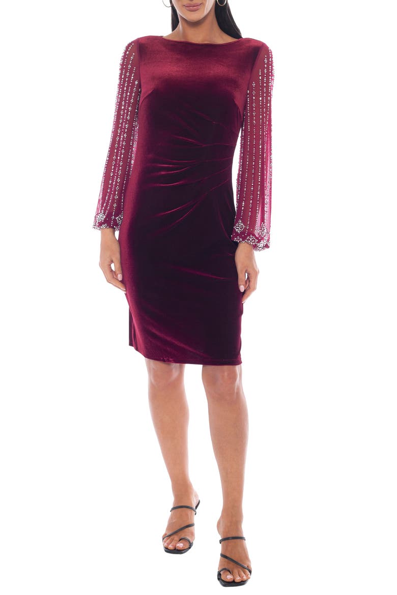 Beaded Long Sleeve Velvet Sheath Dress, Main, color, WINE
