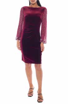 Marina Beaded Long Sleeve Velvet Sheath Dress